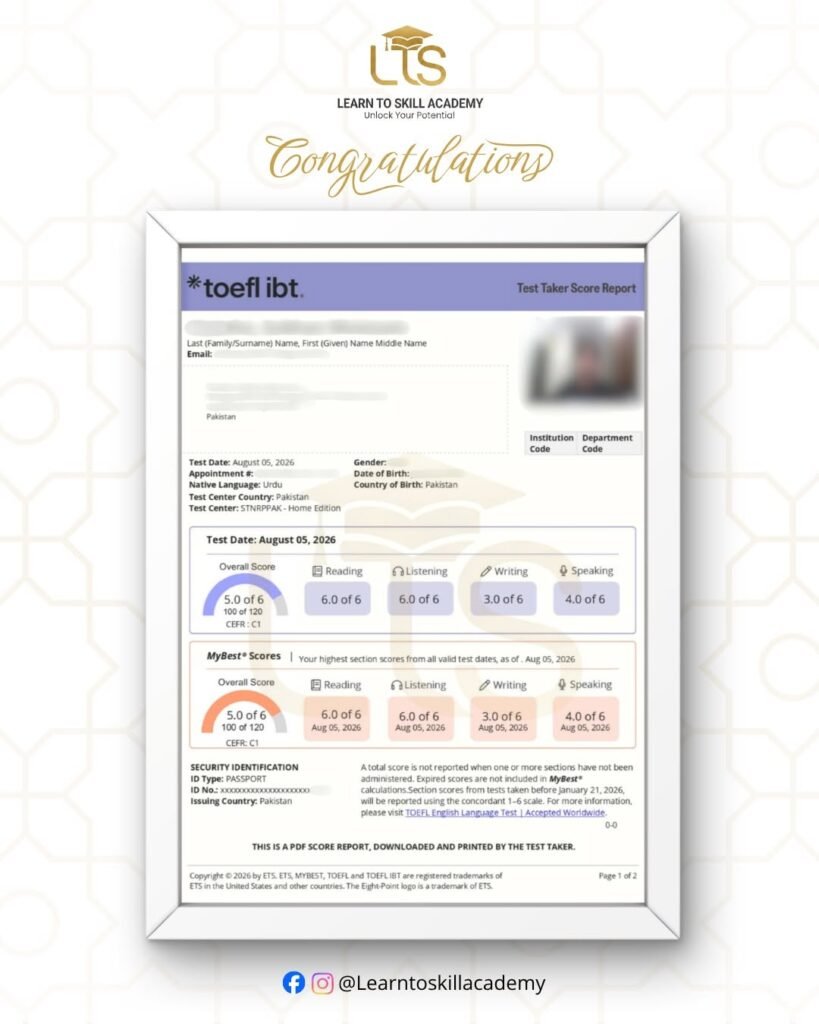 Learn to Skill Academy Celebrates Student’s TOEFL Achievement
