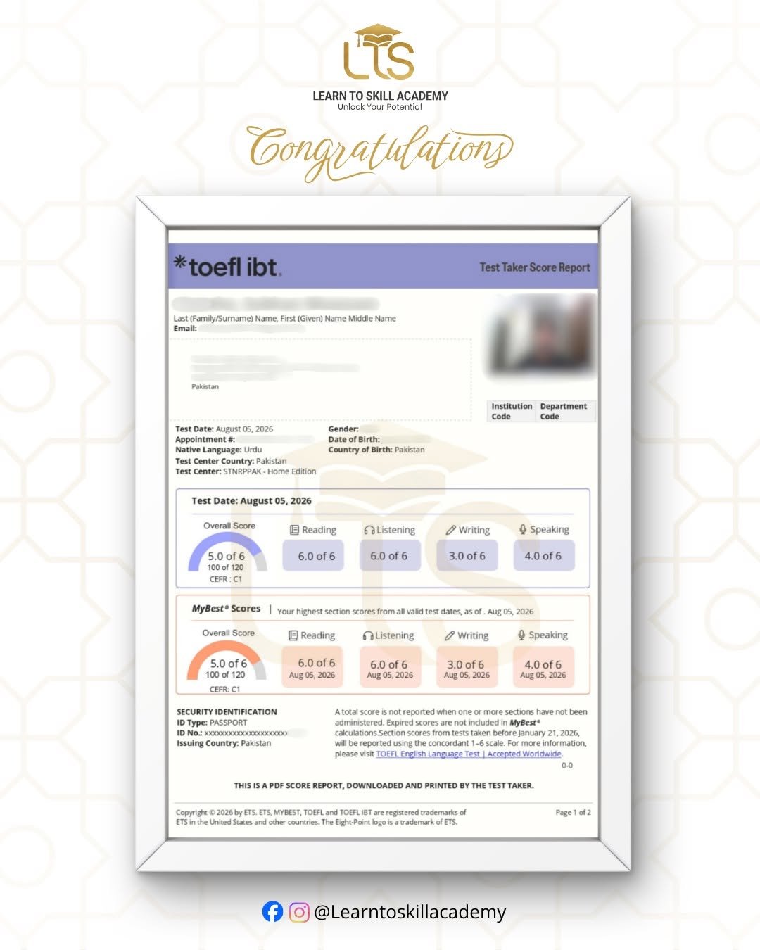 Learn to Skill Academy Celebrates Student’s TOEFL Achievement