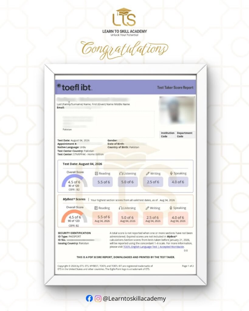 Learn To Skill Academy Student Achieves TOEFL Score of 90/120