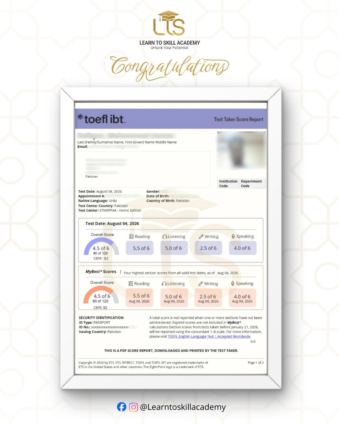 Learn To Skill Academy Student Achieves TOEFL Score of 90/120