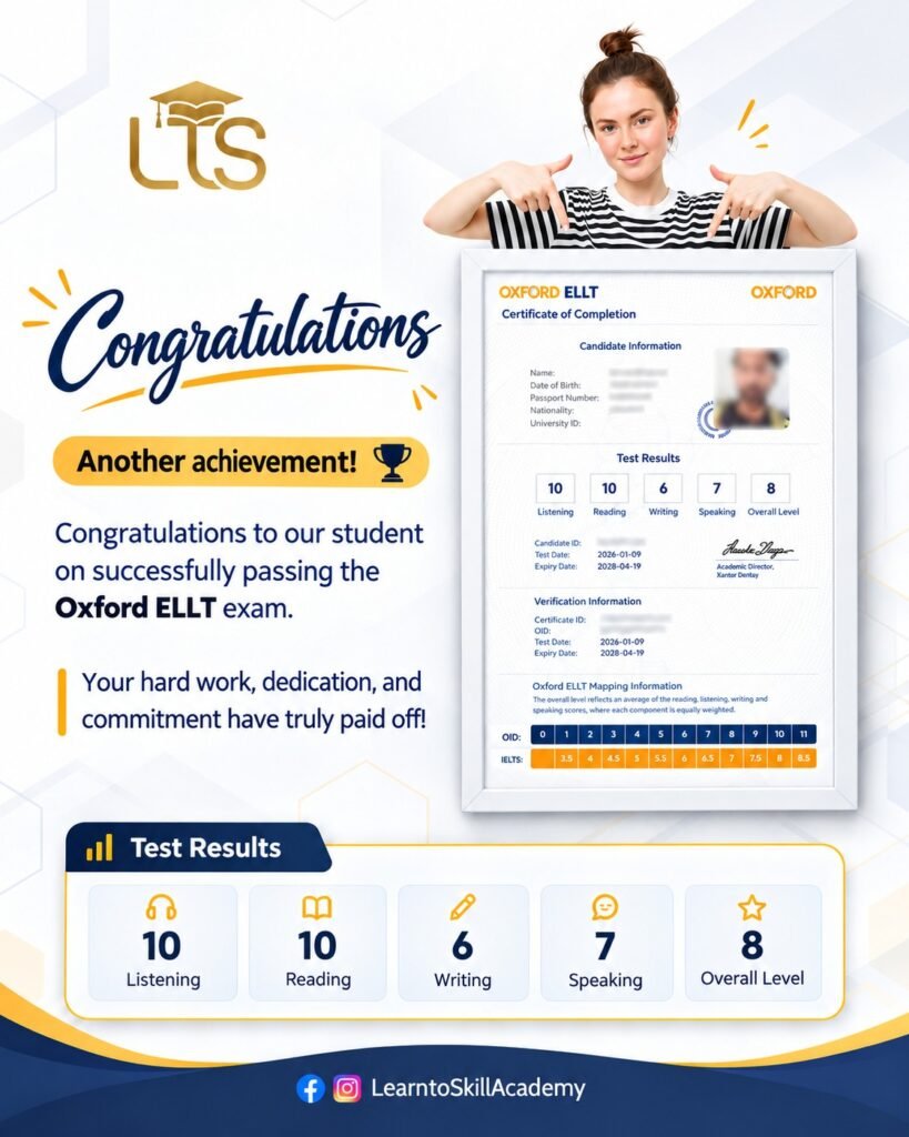 Learn to Skill Academy Student Achieves Oxford ELLT Level 8