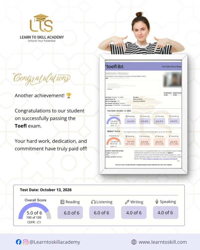 TOEFL Success Story: Learn to Skill Academy Student Result
