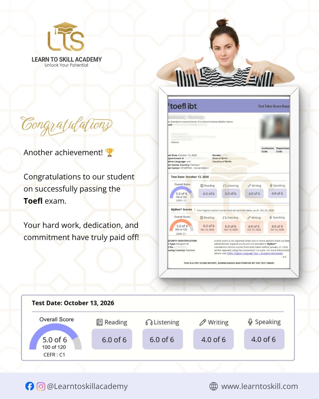 TOEFL Success Story: Learn to Skill Academy Student Result